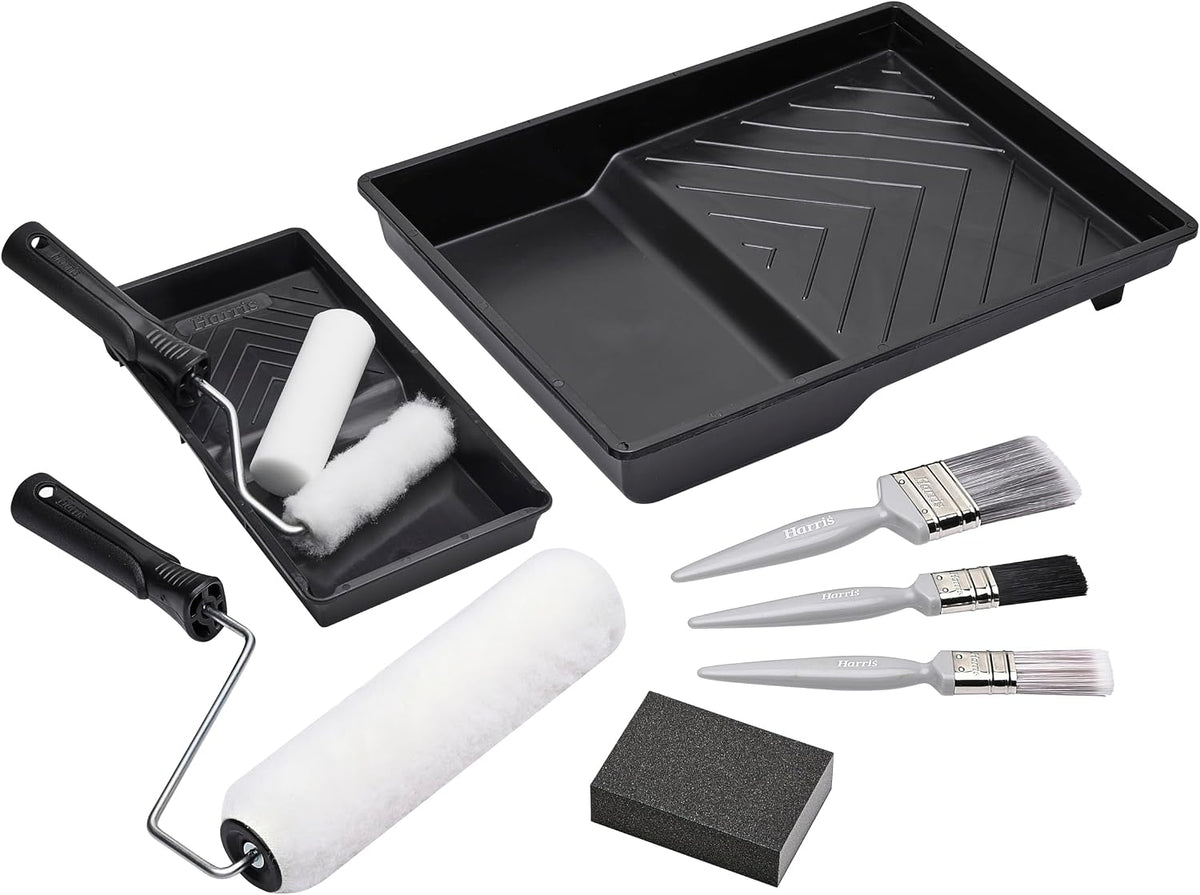 Harris Walls & Ceilings Essentials Decorating Set | 11 Pieces | 9" Roller Sleeve, 4" Roller Sleeve, Sanding Block, 3 Paint Brushes