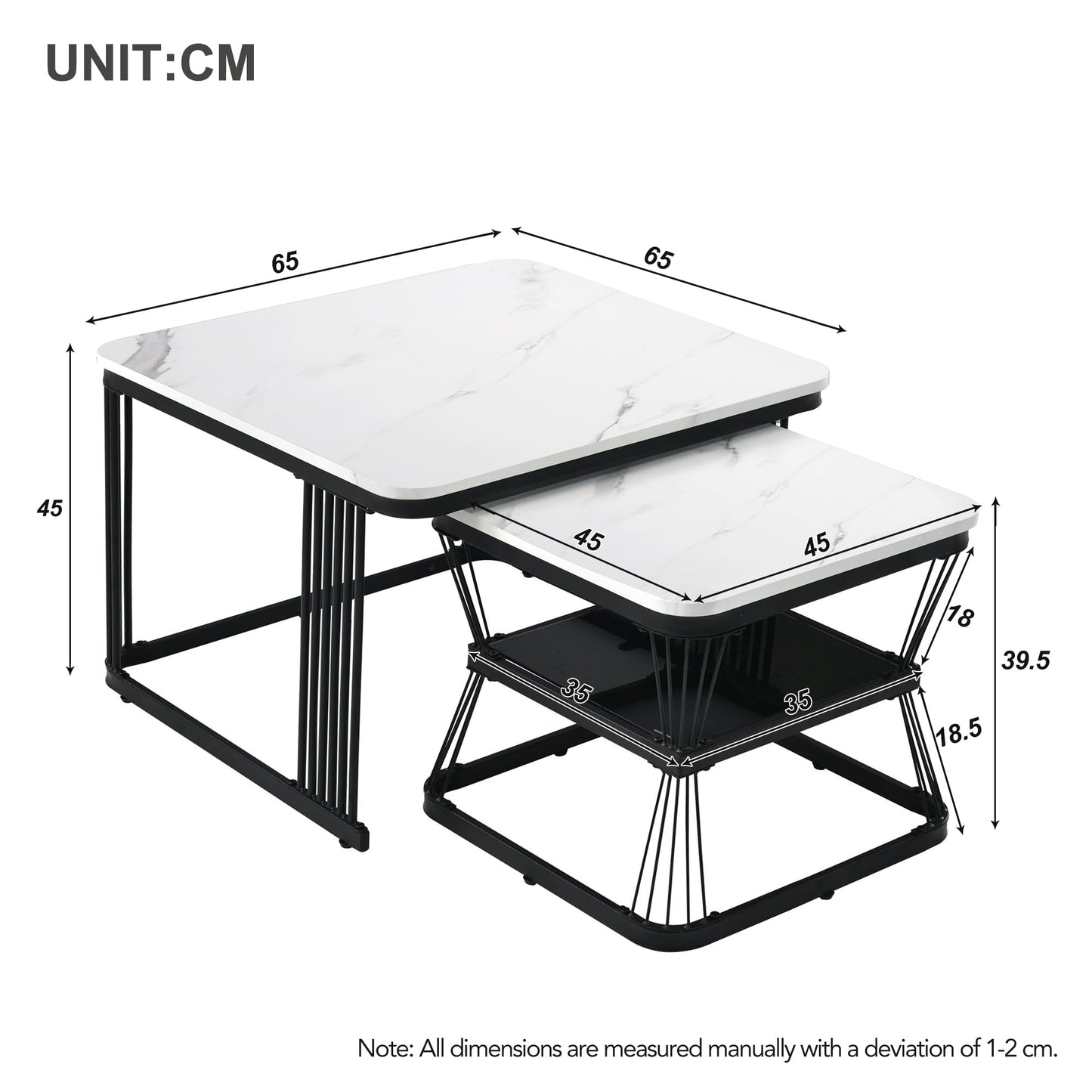 ModernLuxe 2-in-1 Coffee Table, Multi-functional Side Table with Marble Grain Veneer Top, Rattan Drawers, Solid Wood Handles, Gold Coloured Iron Legs, Round Nest of Tables for Living Room, Black