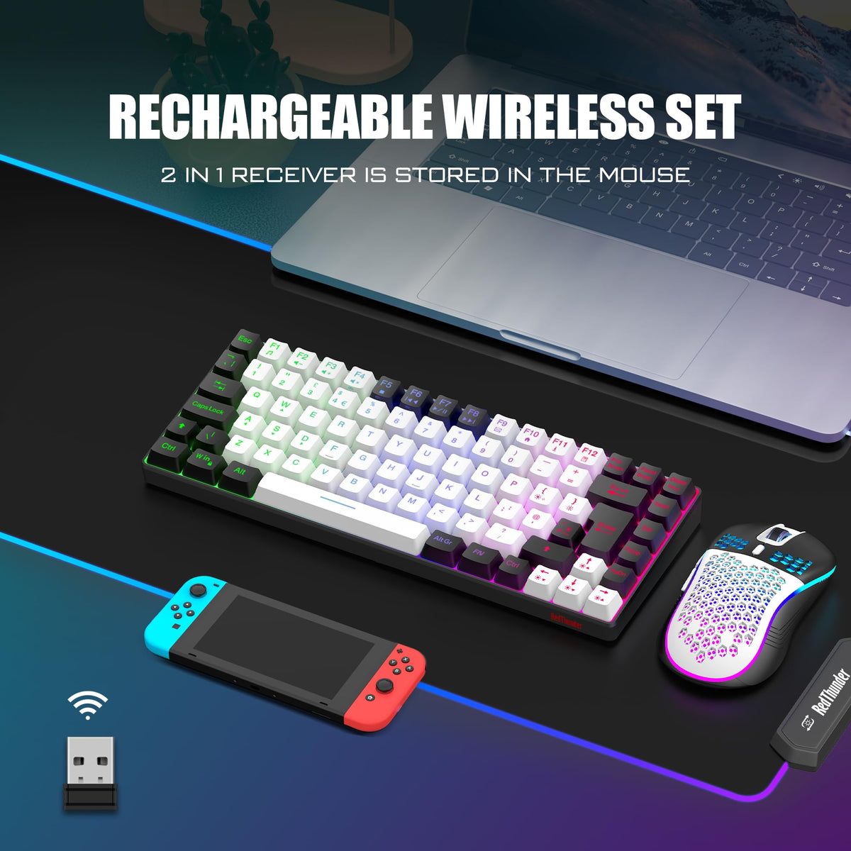 RedThunder K84 75% Wireless Gaming Keyboard and Mouse Rainbow Backlight UK Layout 85 Keys TKL Ultra Compact Mini Design Lightweight Honeycomb Gaming Mouse for PC Mac PS5 Xbox Office Gamers