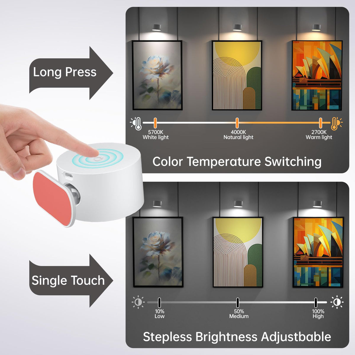 Coollamp LED Battery Operated Wall Lights, 3Pack Wall Lamp with Remote Control 3 Color Modes 3 Brightness Levels 360°Rotate Magnetic, Reading Lights for Living Room Bedroom Black