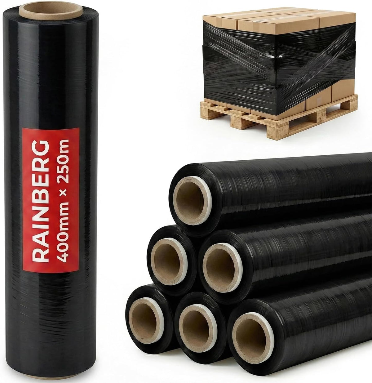 Rainberg Strong Heavy-Duty Stretch Film for Pallet Wrapping, Packaging and Moving for Furniture, Luggage, and Parcels, Water & Moisture Proof Pallet Stretch Shrink Wrap rolls 400mm x 250m (Black, 6)