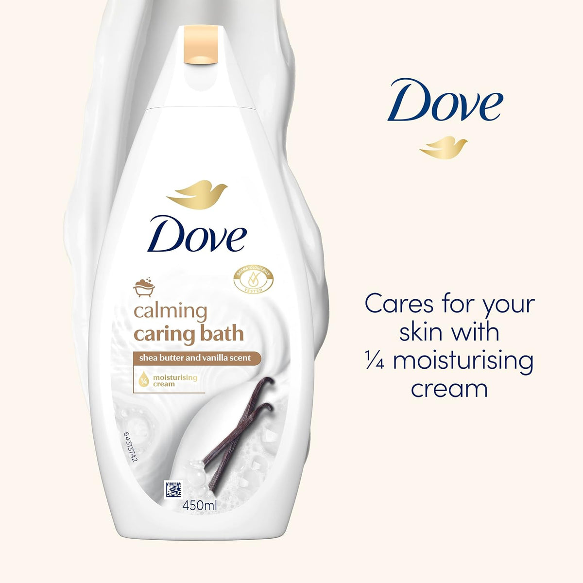 Dove Calming Caring Bath Bath Soak with ¼ moisturising cream, shea butter & warm vanilla for an indulgent bubble bath 450 ml
