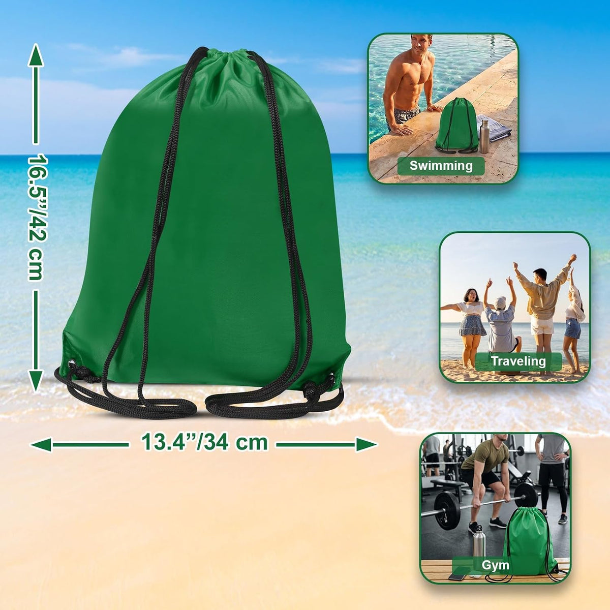 WESTWOOD FOX Drawstring Gym Bag String Bags Gym Sack Backpack PE Bags for Women Men Trainer Swimming Bag Travel Beach School Holidays Suitable for Sports,kids,Boys,Girls (Green)