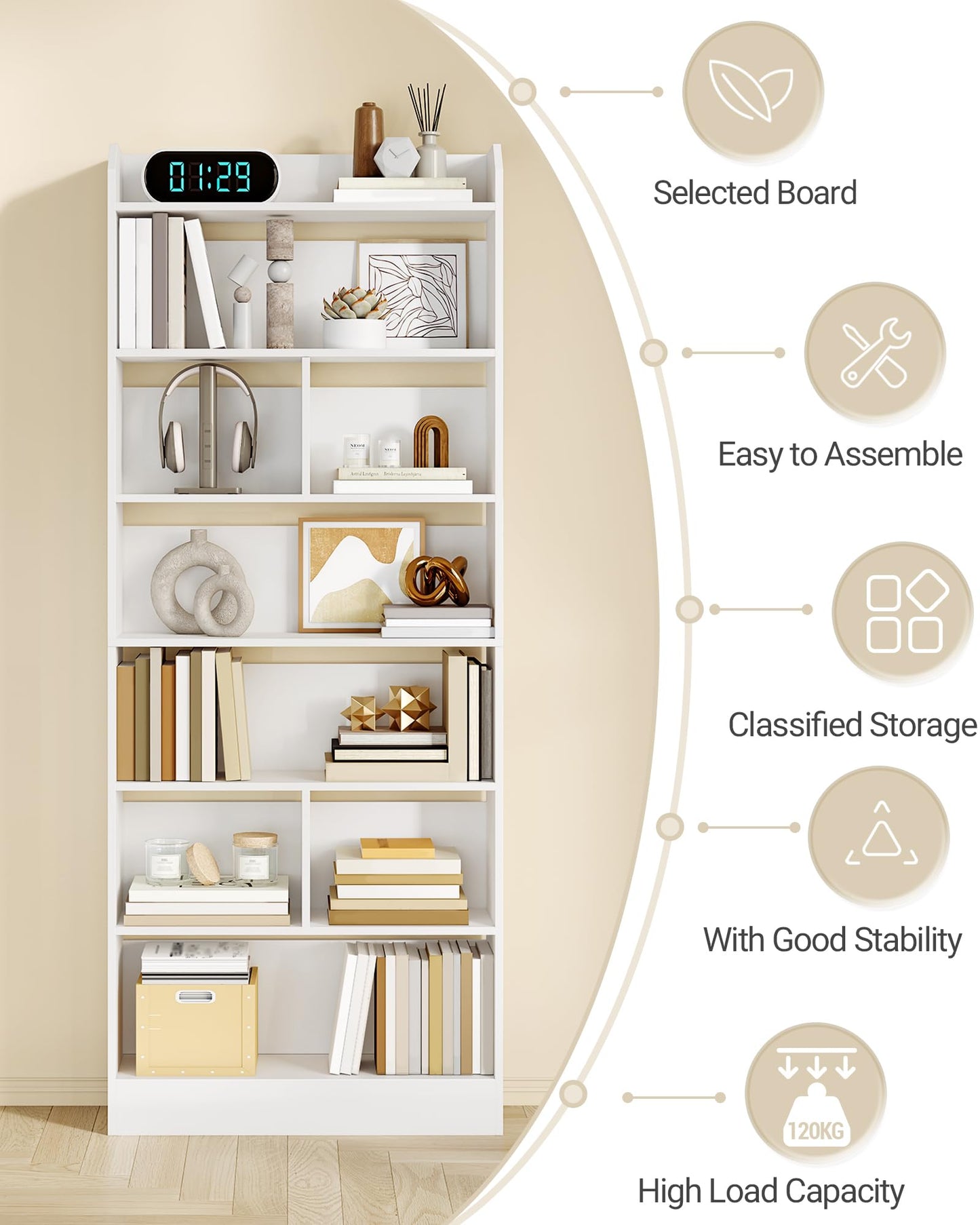 Hzuaneri 6-Tier Bookcase, Bookshelf with 8 Adjustable Storage Shelf Unit, White Bookcase for Living Room, Home Office, Bedroom, Study, 24 x 60 x 199 cm, White, BC11703X