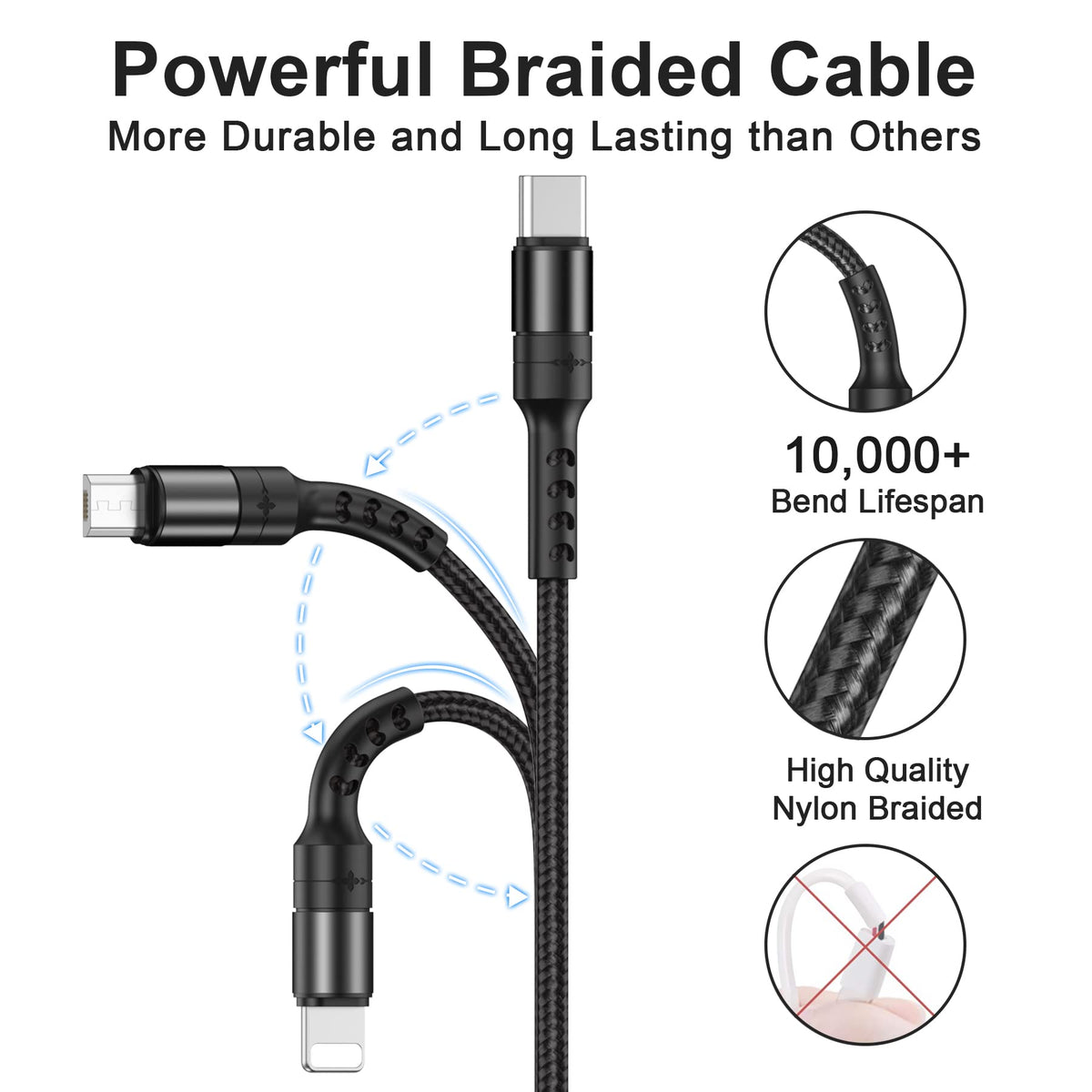 RAVIAD Multi Charger Cable 3 Packs 1.2M 3 in 1 Charging Cable Nylon Braided