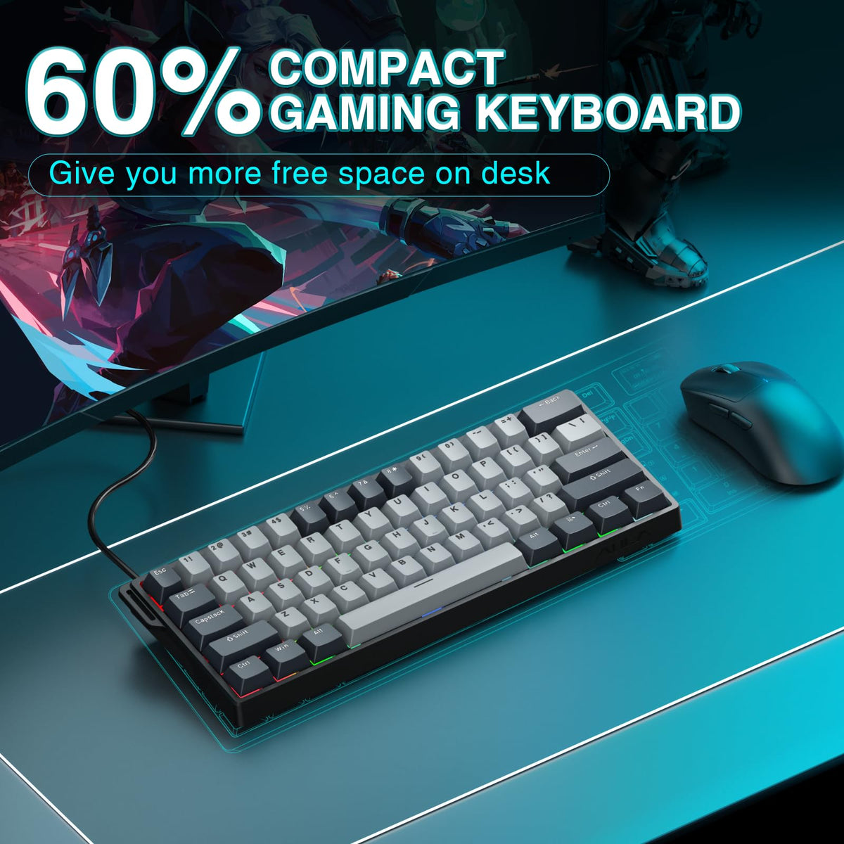 AULA WIN60 HE Mechanical Gaming Keyboard Wired,Hall Effect Magnetic Switches,Adjustable Actuation Rapid Trigger,8K Polling Rate,RGB Backlight,60% Percent Keyboard for Mac/Win (BLACK) (Pack of 2)