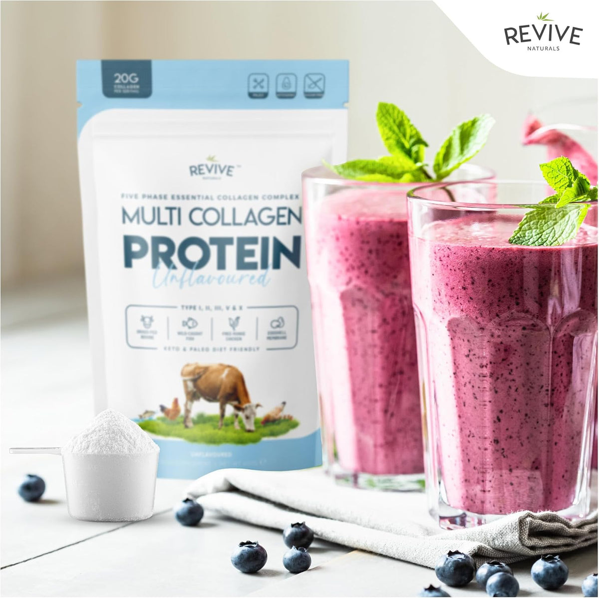 Multi Collagen Protein Powder 400g - Types I, II, III, V & X - Hydrolyzed Grass Fed Bovine, Wild Caught Fish, & Free-Range Chicken & Eggshell Collagen by Revive Naturals