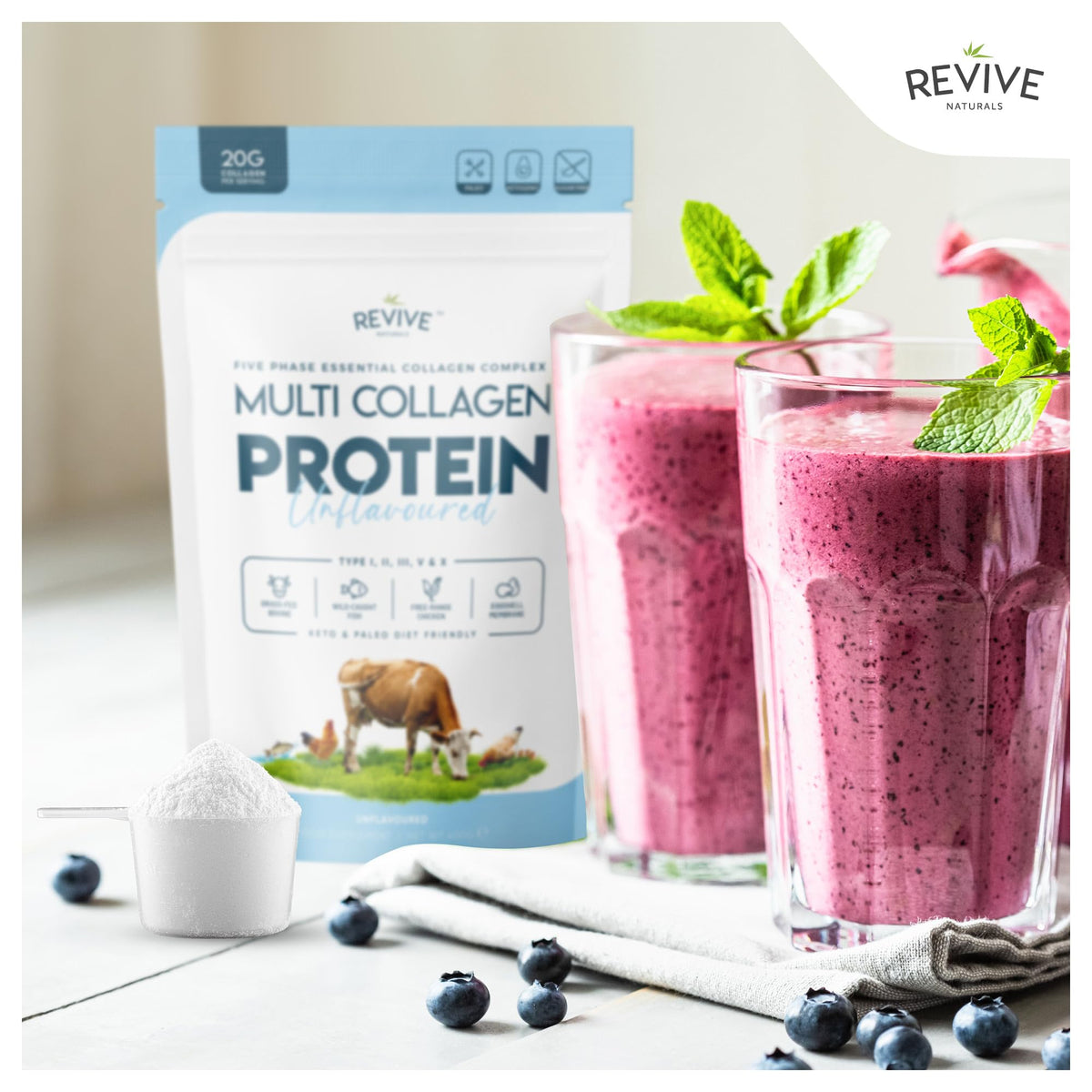 Multi Collagen Protein Powder 400g - Types I, II, III, V & X - Hydrolyzed Grass Fed Bovine, Wild Caught Fish, & Free-Range Chicken & Eggshell Collagen by Revive Naturals