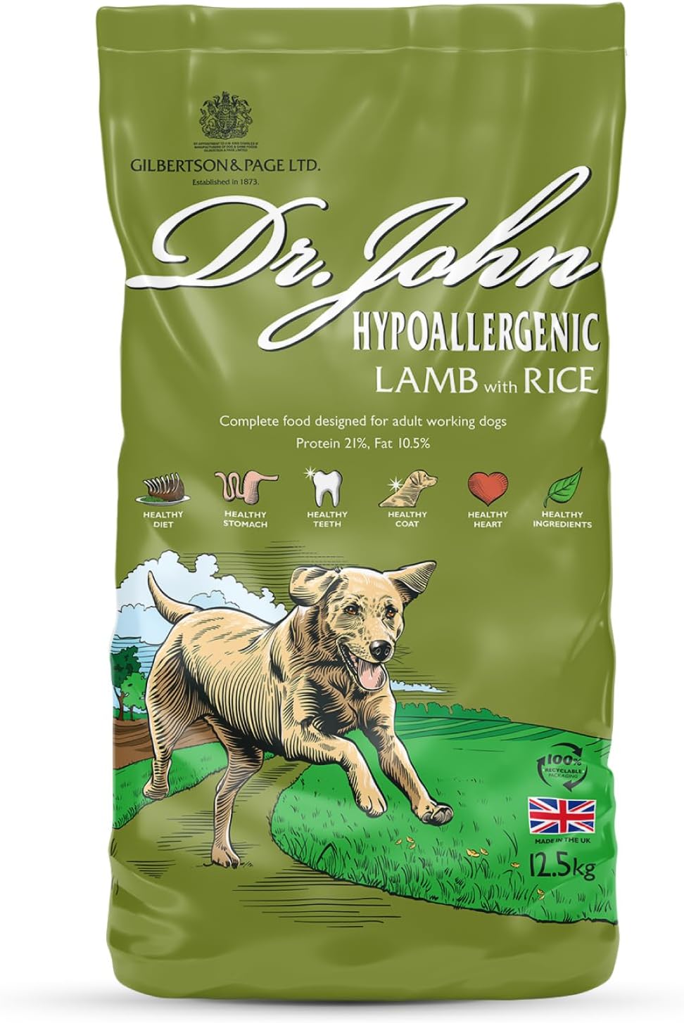 Dr John Hypoallergenic Dry Dog Food Lamb with Rice 12.5kg - Wheat Free Recipe Dog Food for Sensitive Stomach & Digestion - Complete Adult & Senior Dog Food - Skin, Coat & Joint Support
