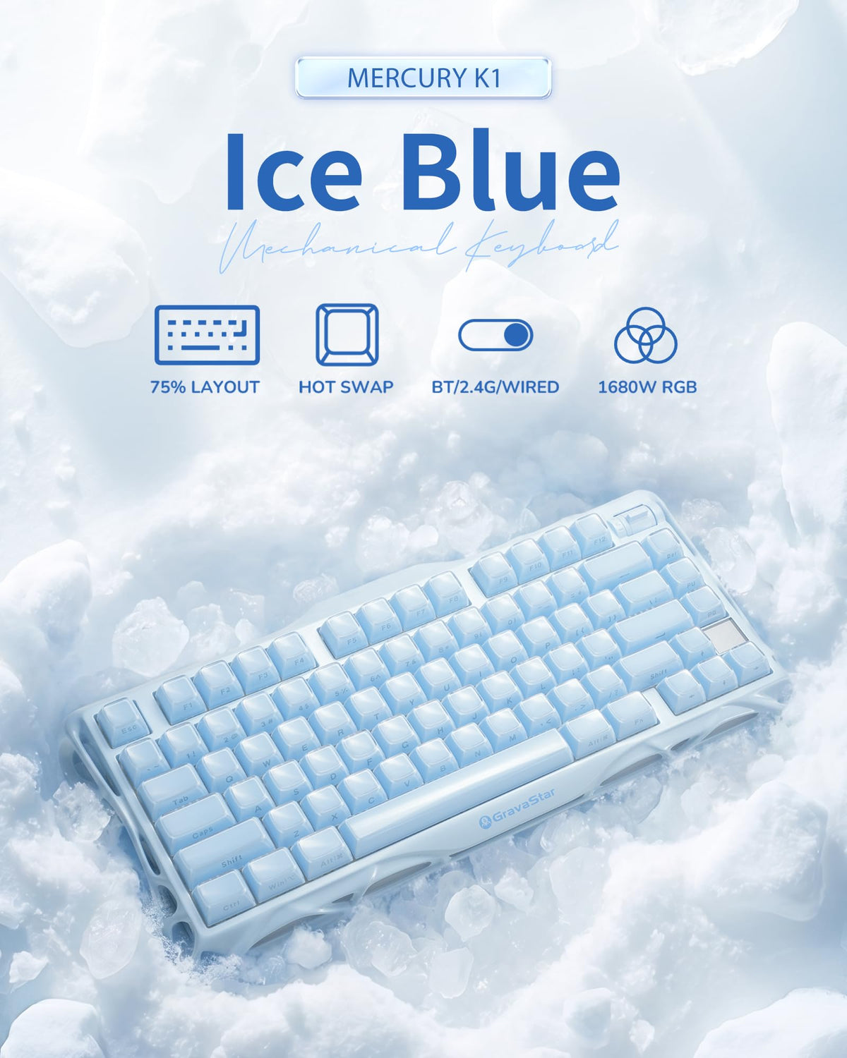 GravaStar Mercury K1 Mechanical Keyboard with Aluminium Frame, 75% Wireless Gaming Keyboard, Hot Swap Custom Keyboard with Button, Gasket, RGB Tri-Mode Keyboard, PBT Keycaps, 8000 mAh White