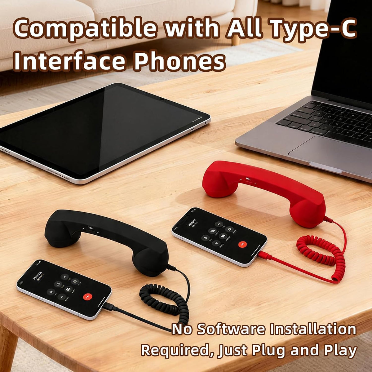 Retro Phone Handset for iPhone & Android, 2026 New Type-C Wired Receiver with Microphone & Speaker (2Pcs(Black and Red))