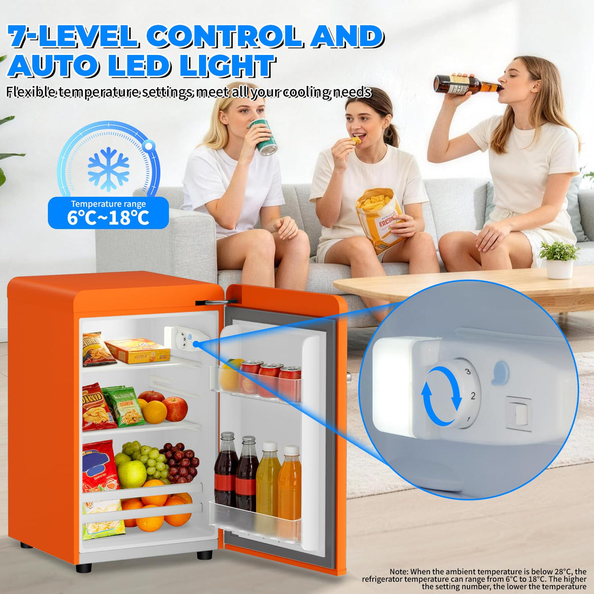 Retro Mini Fridge, 72L Compact Refrigerator, 43dB Quiet Operation, Adjustable 7-Temp Control, with LED Light, for Bedroom, Office, Kitchen & RV