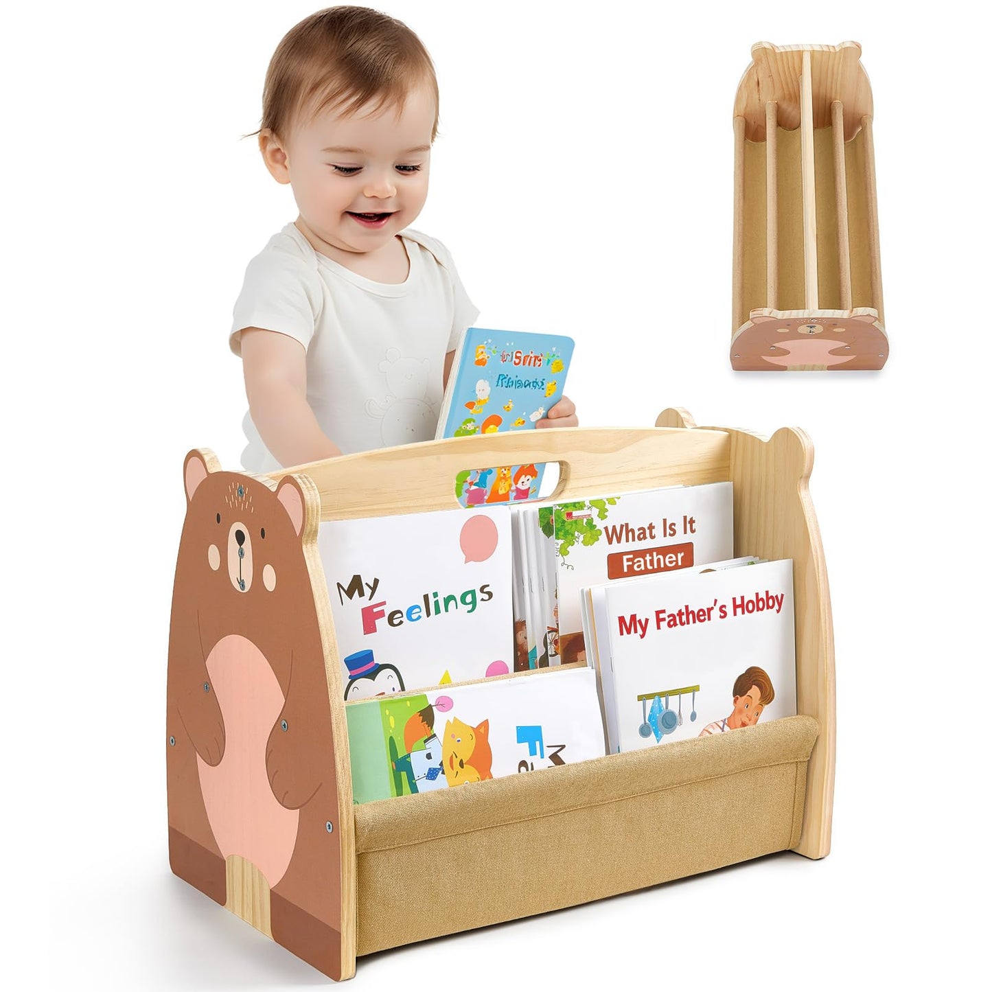 MHJY Kids Bookshelf – Wooden Double-Sided Sling Book Rack with Canvas Storage, Toddler Bookcase for Nursery, Bedroom, Playroom – Montessori Style Children’s Book Organiser