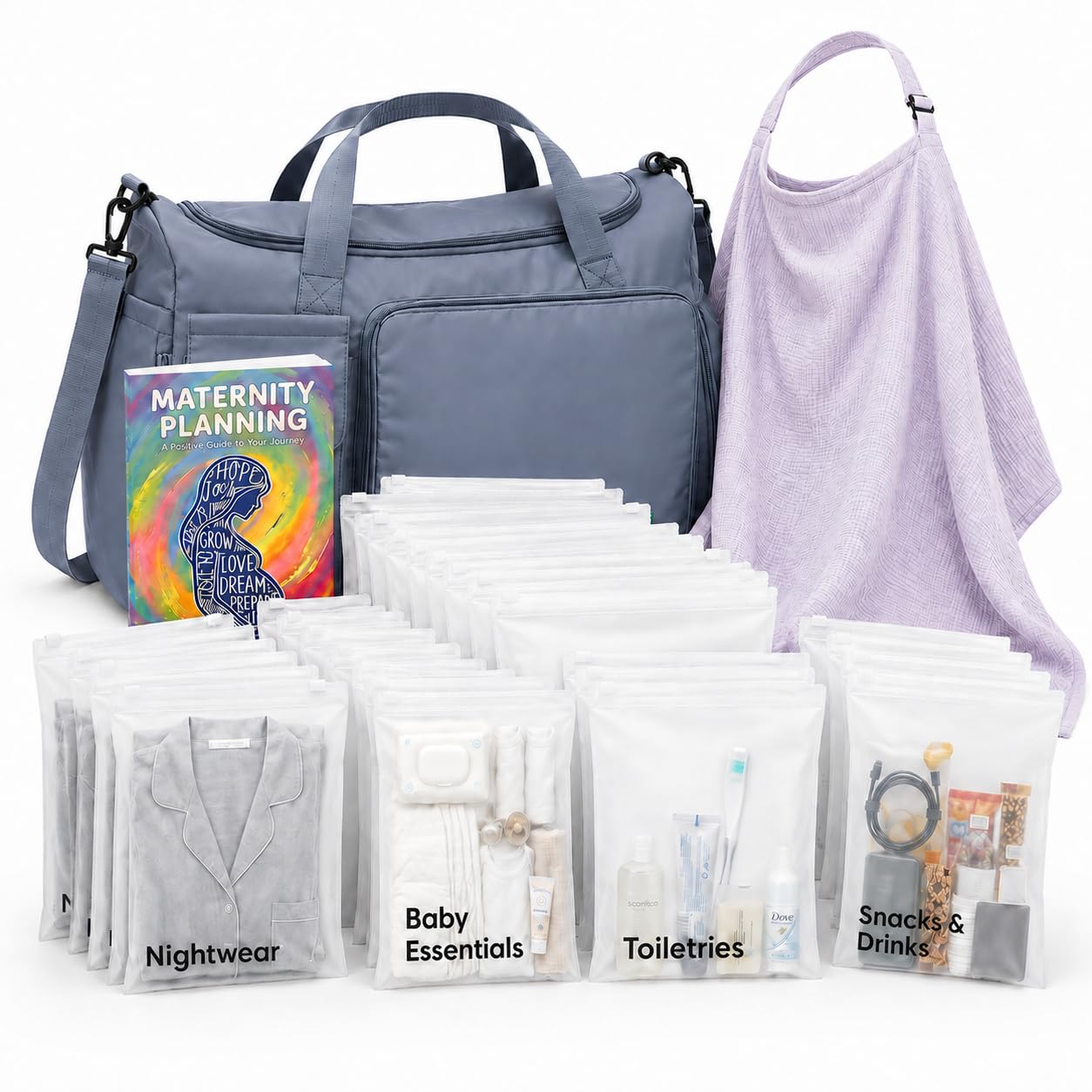 Pregnancy Bag For Hospital - Complete Labour And Delivery Set With Hospital Bag, 21 Organiser Pouches, Planner Book & Nursing Shawl - Premium Expectant Mum Hamper & Baby Shower Set, Grey