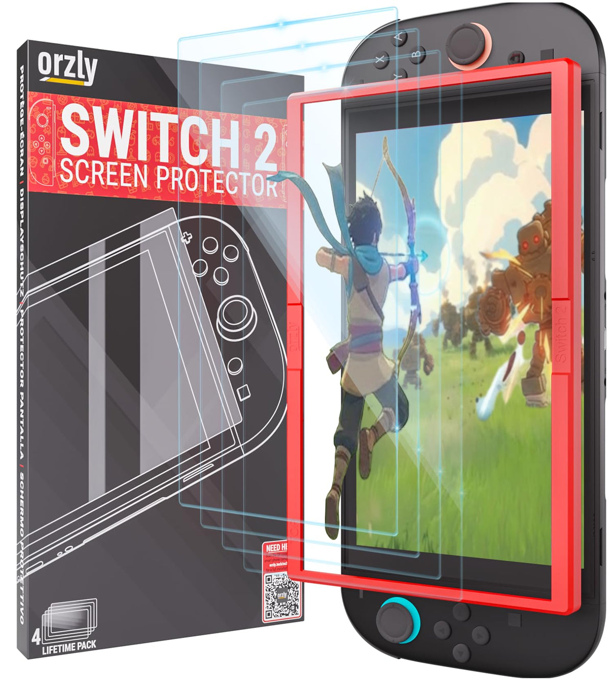 Orzly Glass Screen Protector for Nintendo Switch OLED 2024 Console Accessories (Pack of 4) - Tempered Glass Life time Edition