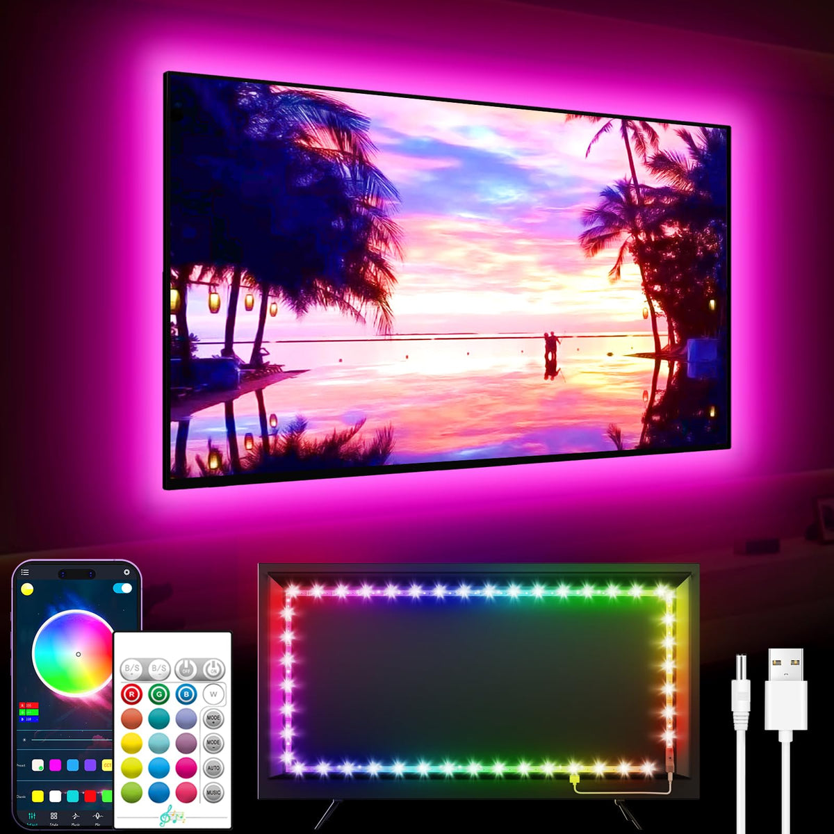 GIPOYENT TV Light Strip, 5M TV Backlight, for 45-75 Inch TV, Music Sync LED TV Light with Bluetooth Function - RGB Color Changing Light Strip for Home Theater (16.4ft)