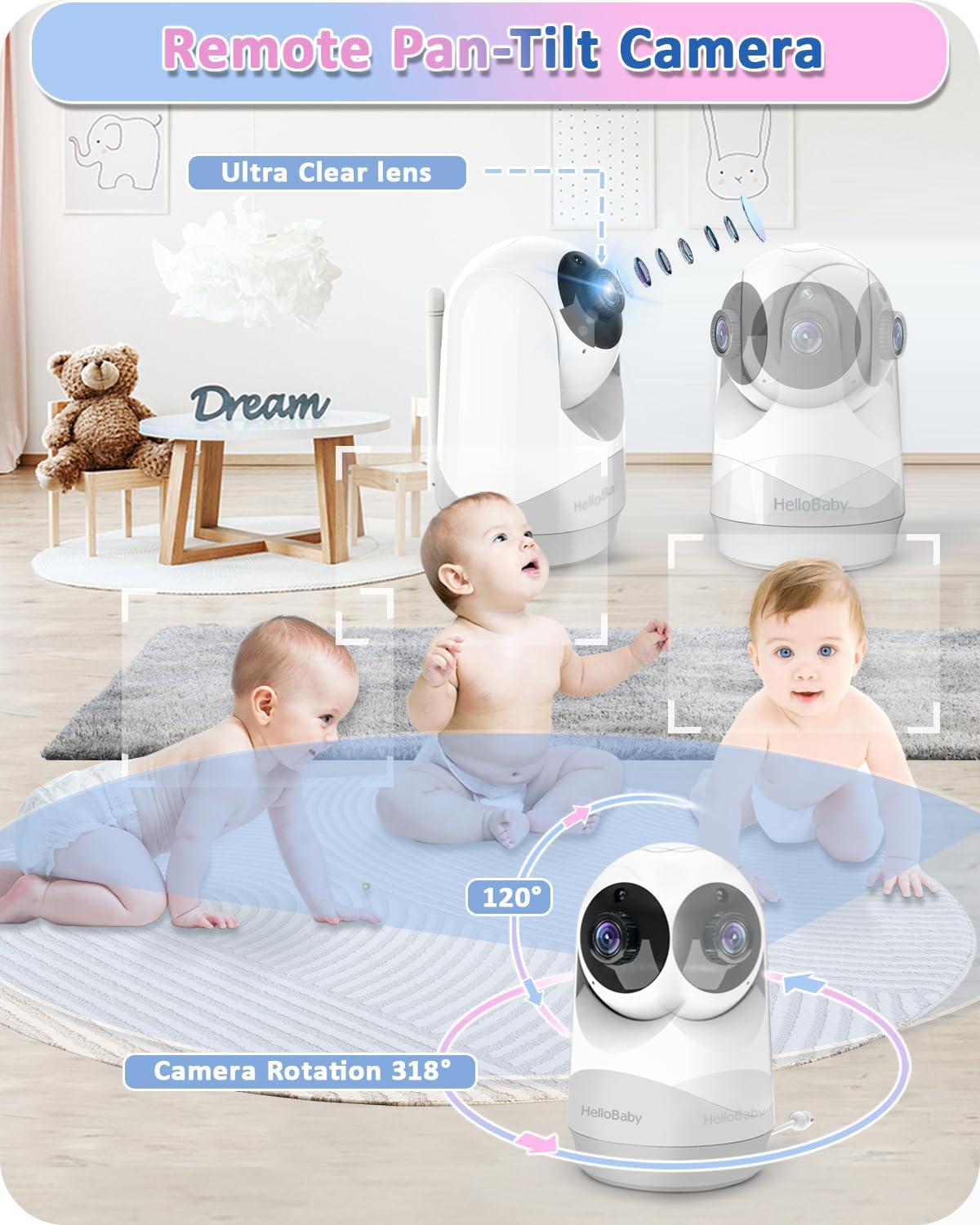 HelloBaby Baby Monitor,29-Hour Battery Life,Upgrade Baby Monitor with Camera and Night Vision,No Wifi,355°/120° Remote Pan Tilt Camera 2x Zoom, ECO Mode,2-way talk,Up to 1000ft,Temperature