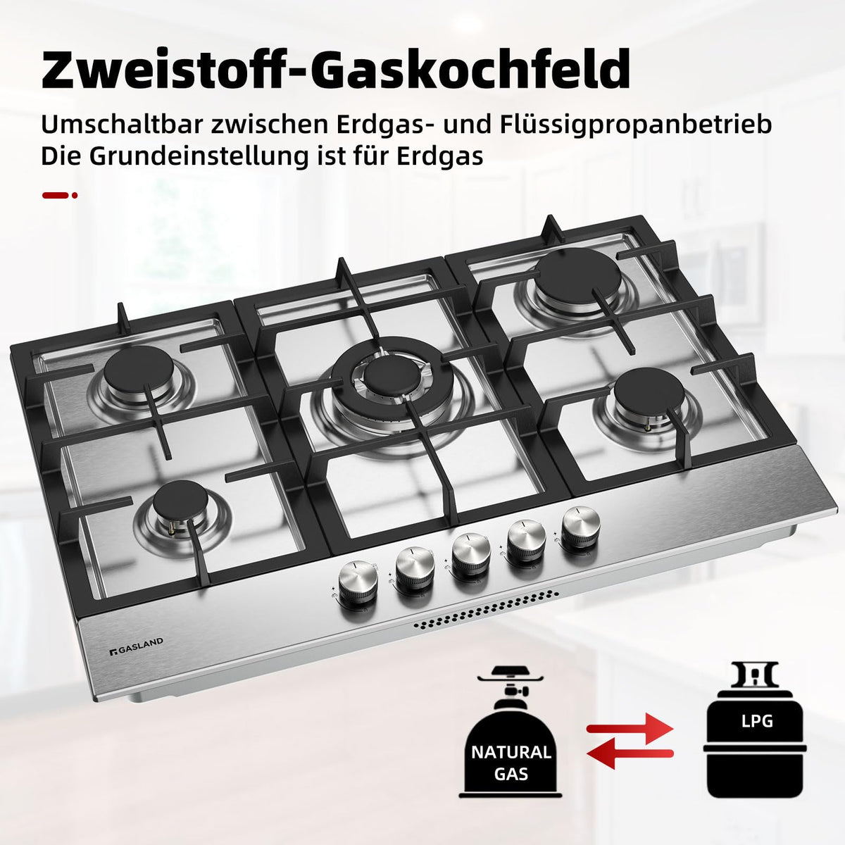 GASLAND GH60SF 60cm Built-in Gas Hob, 4 Burners Stainless Steel Gas Cooktop with Flame Failure Protection, NG/LPG Convertible, 8000W