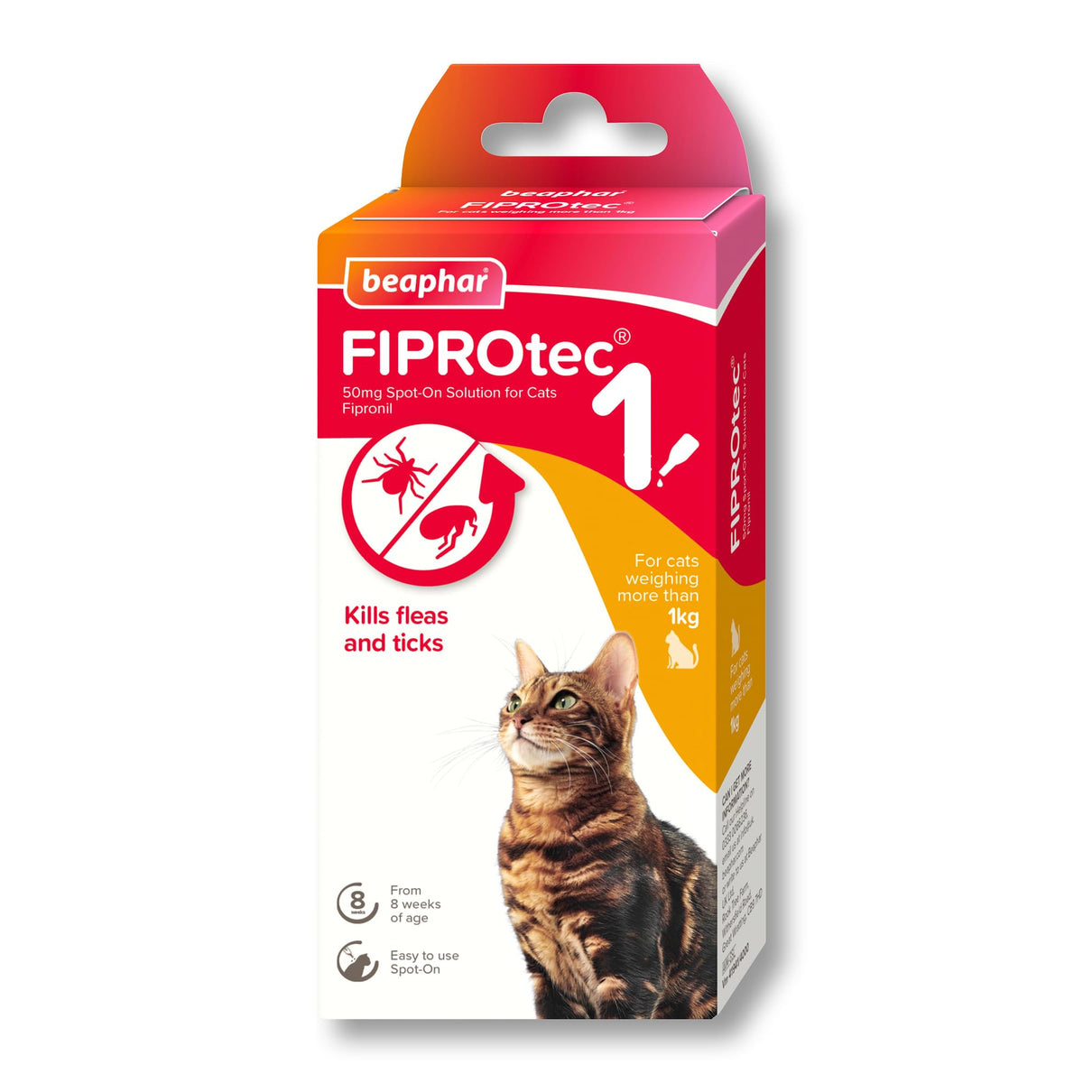 Beaphar - FIPROtec Spot-On Flea & Tick Treatment for Cats - 6 Pipettes - Kills Fleas & Ticks - Veterinary Medicine – Easy to Apply Monthly - For Cats & Kittens from 8 Weeks Old, Weighing Over 1kg