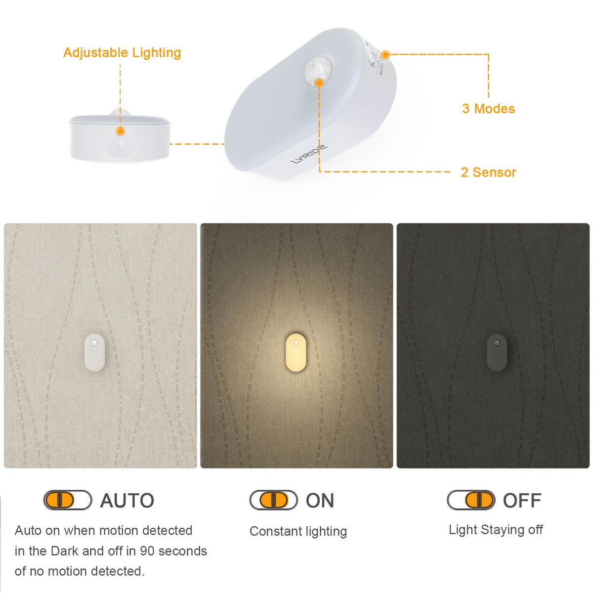 Lyridz Motion Sensor Night Light, Mini USB Rechargeable LED Night Light Kids, Stick on Anywhere Warm White Dimming Lighting for Corridor,Staircase,Bedroom,Children's Room,2 Pack