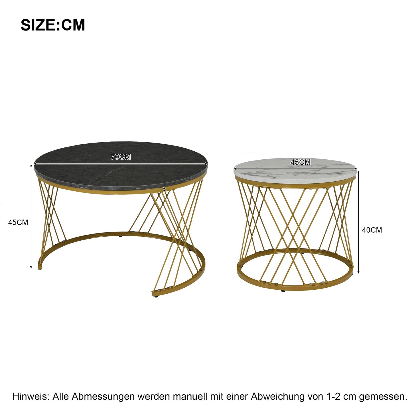 ModernLuxe 2-in-1 Coffee Table, Multi-functional Side Table with Marble Grain Veneer Top, Rattan Drawers, Solid Wood Handles, Gold Coloured Iron Legs, Round Nest of Tables for Living Room, Black