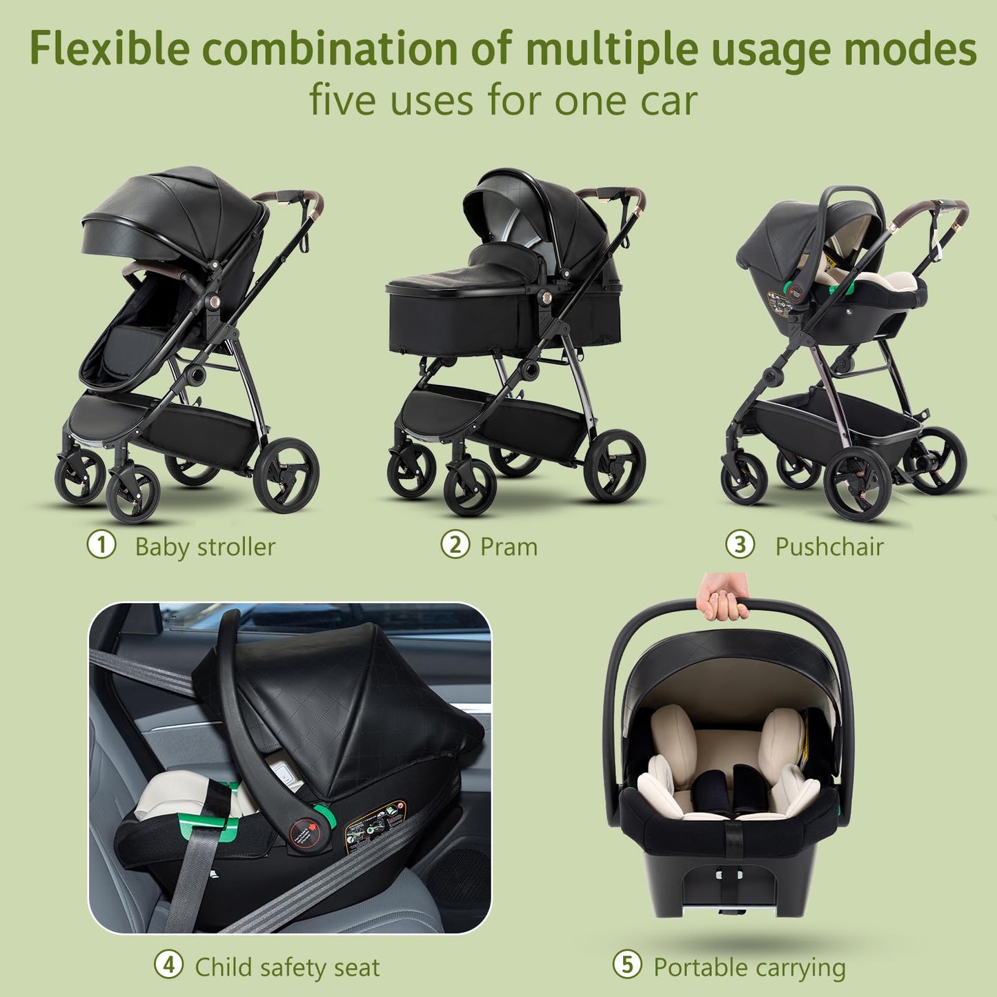 Zkipm Baby Pram 3 in 1, Foldable Baby Stroller,Pram Set Travel with Adjustable-Height Push Handle, Present Rain Cover, Mosquito Net, Bag, Cooling Mat, ect for Ages 0–3