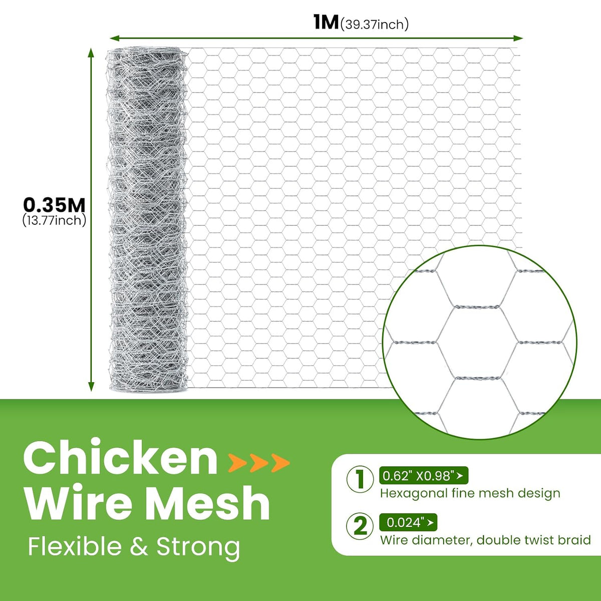 Chicken Wire, Chicken Wire Mesh Roll 35cm x 1m, Anti-Rust Hexagonal Galvanized Chicken Wire Mesh for DIY, Pet Rabbit Chicken Fencing