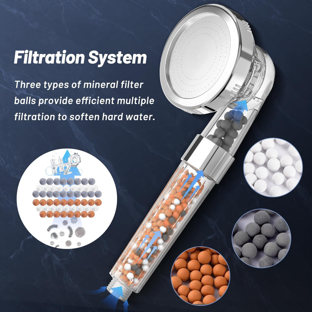 VEHHE High Pressure Shower Head with Filter Beads, 3 Spray Modes