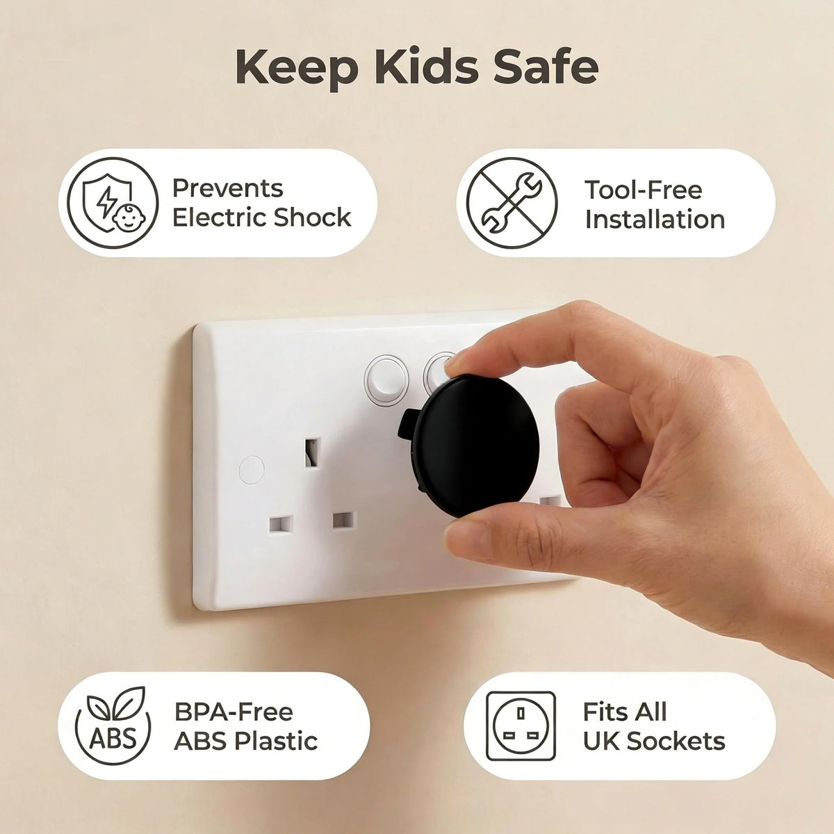 Baby Safety Socket Covers 10 Pack, Child Proof 3-Pin UK Plug Protectors, BPA-Free Socket Guards for Home Indoor, Easy to Install White