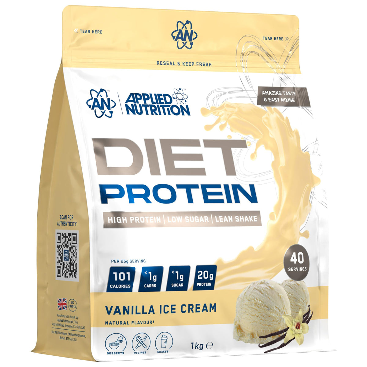 Applied Nutrition Diet Whey - High Protein Powder Supplement, Low Carb & Sugar, for Weight Management with CLA, L Carnitine, Green Tea (450g - 18 Servings) (Vanilla)