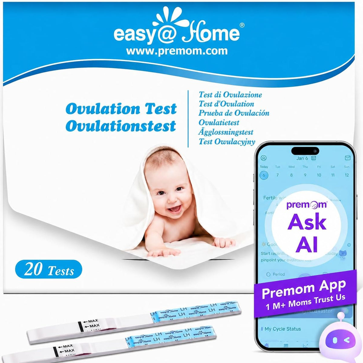 Easy@Home Ovulation Tests 25 Pack, LH Test Kit Powered by Premom App