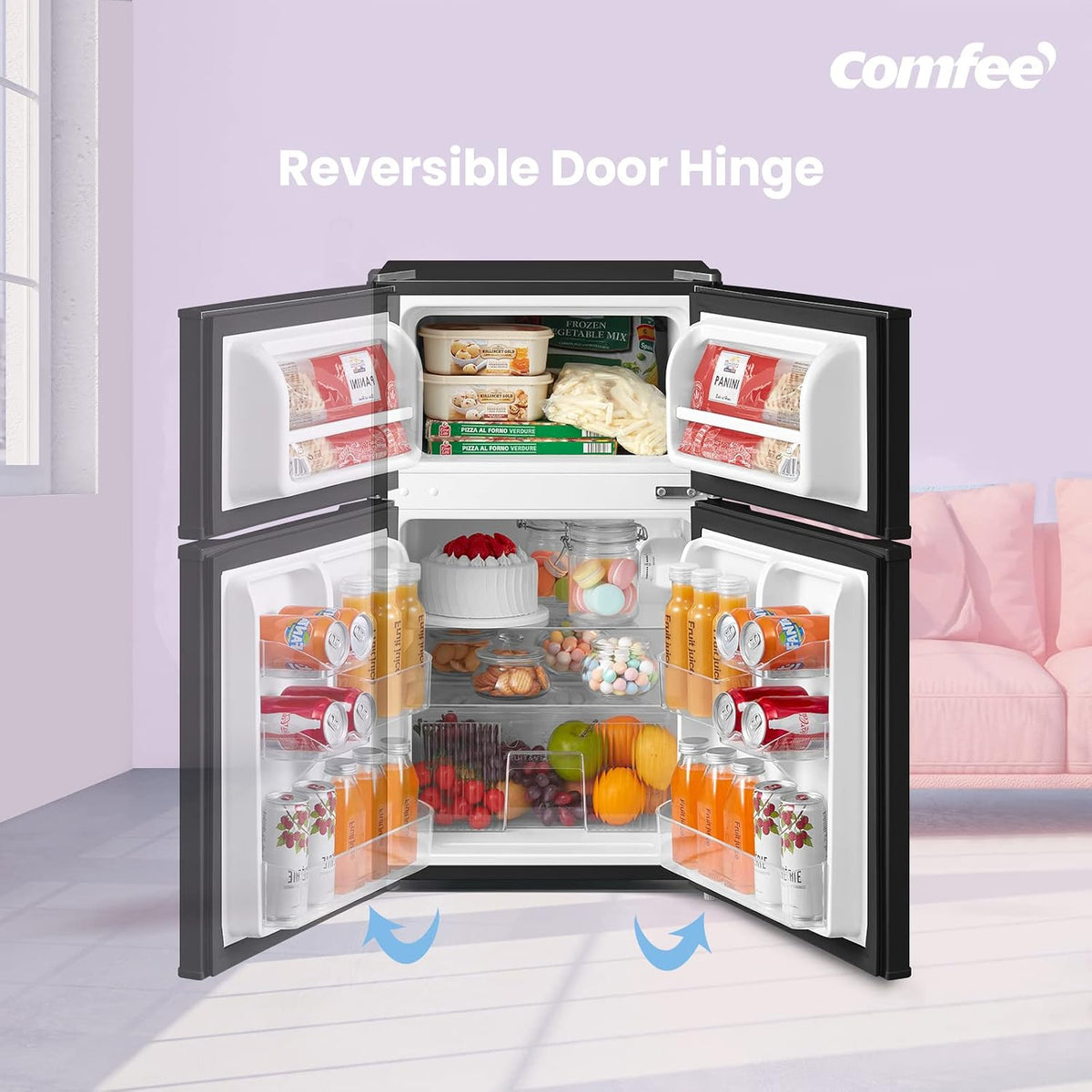 COMFEE' 87L Under Counter Fridge Freezer, Reversible Door, RCT87BL2(E)