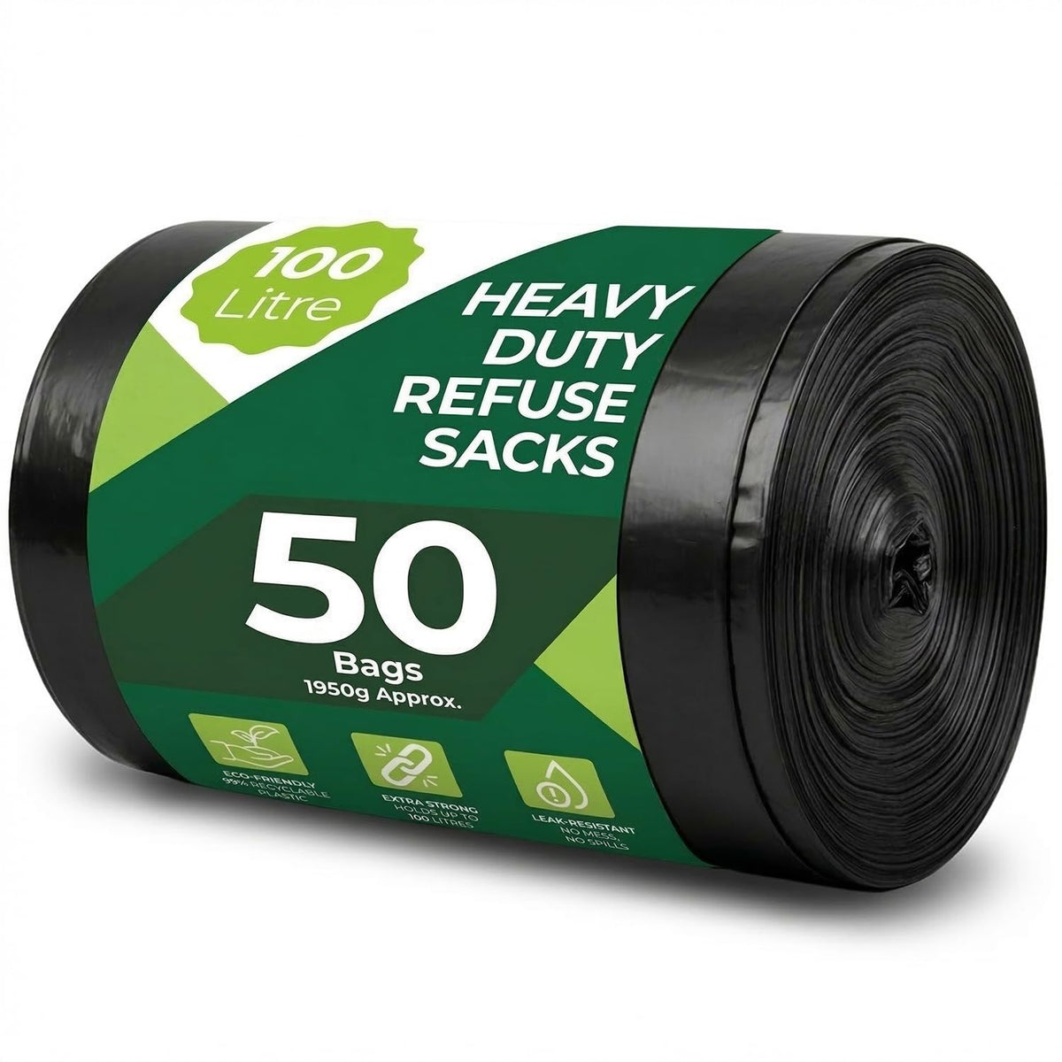 Roe Tenpo 100 Pack Heavy Duty Black Bin Bags – 100L, 33 μm Recyclable Refuse Sacks, Leak-Proof Bin Liners – Rubbish Bags for Kitchen, Home, DIY & Garden, Household, Office & Catering