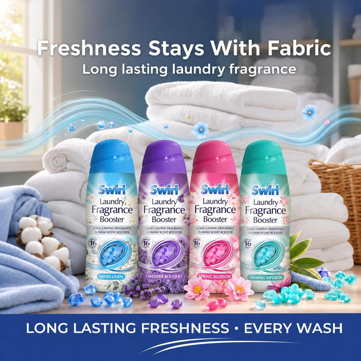 Laundry Scent Booster Beads for Laundry 4 x 350g – Wash Laundry Perfume Fragrance Booster, Long Lasting Washing Beads for Clothes & Washing Machine – Fresh Linen, Spring Blossom, Lavender & Calm