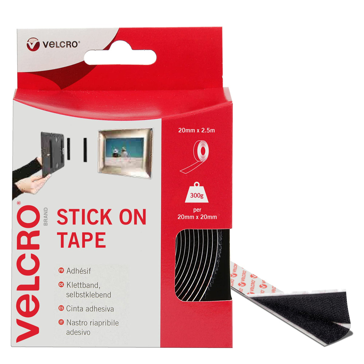 VELCRO® Brand | Stick On Tape | Cut-to-Length Strong Hook & Loop Self Adhesive Sticky Tape Perfect for Room Décor & Home, Office, Garage Use | Black | 20mm x 1m
