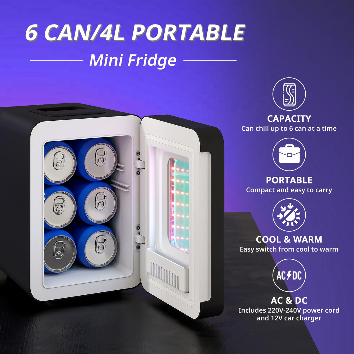 4 Liter Mini Fridge with RGB LED Mirror, AC/DC Skincare Fridge