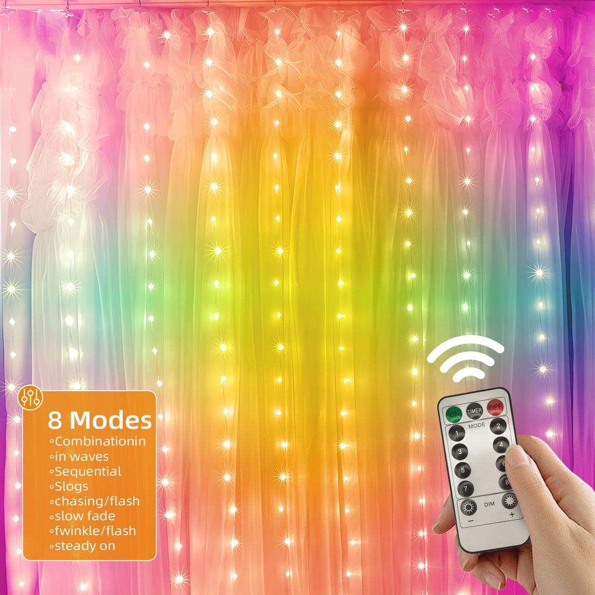 Jsdoin Curtain Fairy Lights, 3.6m x 3m 360leds USB Operated 8 Modes String Light Indoor Waterproof Hanging Window Lights with Hooks for Christmas, Wedding, Party,Wall, Home Decorations (Warm White)