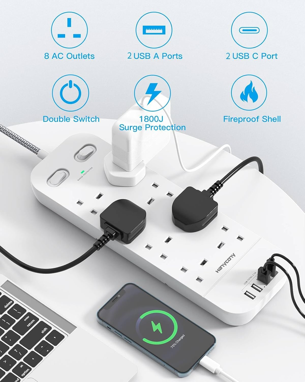 Extension Lead with 2 USB C Slots, 8 Way Power Strip Surge Protector