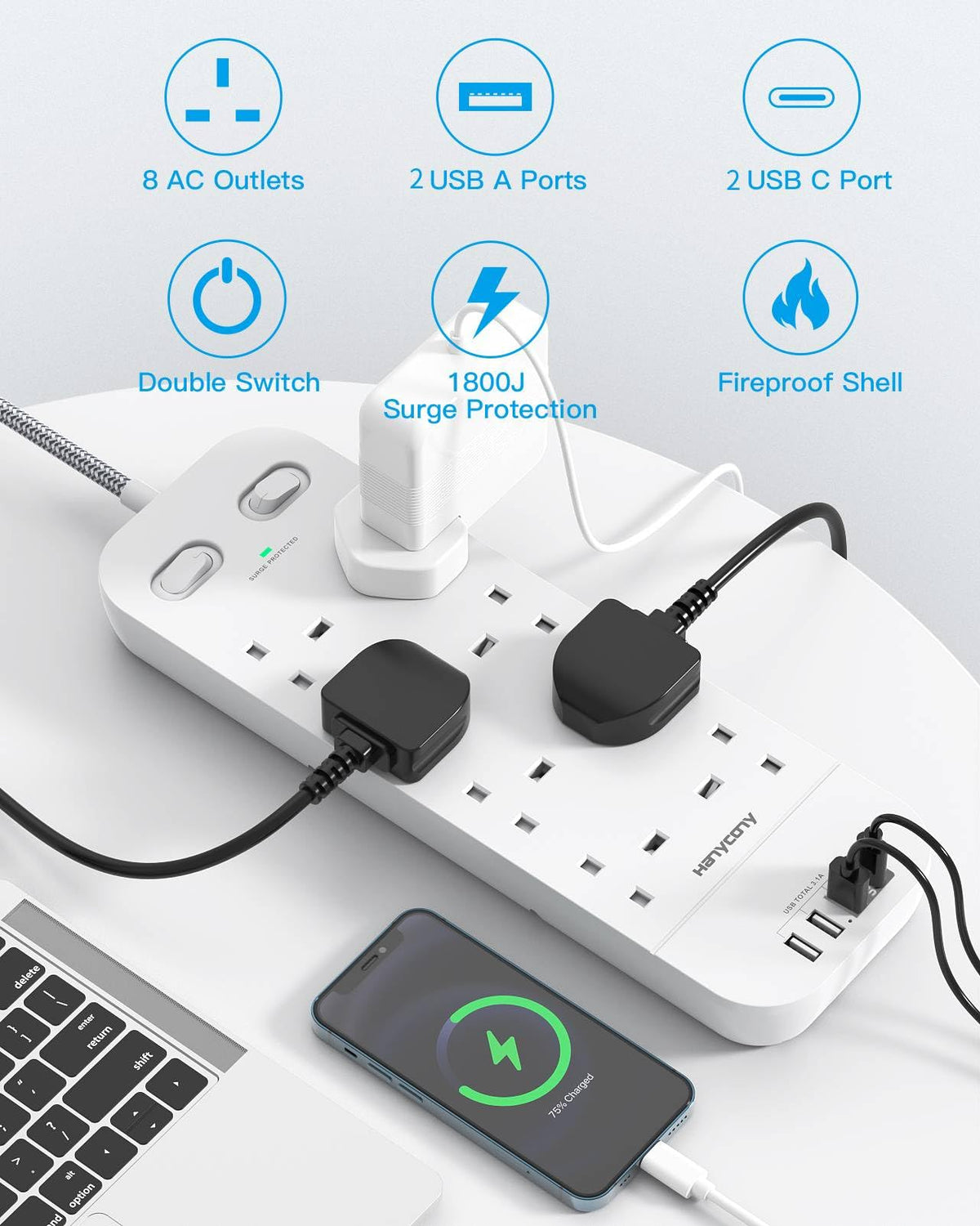 Extension Lead with 2 USB C Slots, 8 Way Power Strip Surge Protector