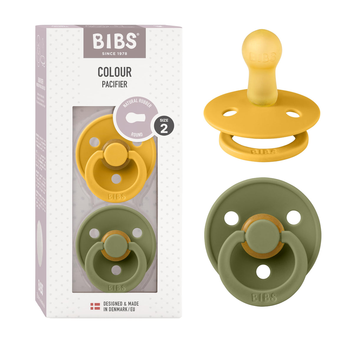 BIBS Colour Soother 2-Pack, BPA Free Dummy Pacifier, Round Nipple. Natural Rubber Latex, Made in Denmark, Size 2 (6-18 Months), Baby Blue
