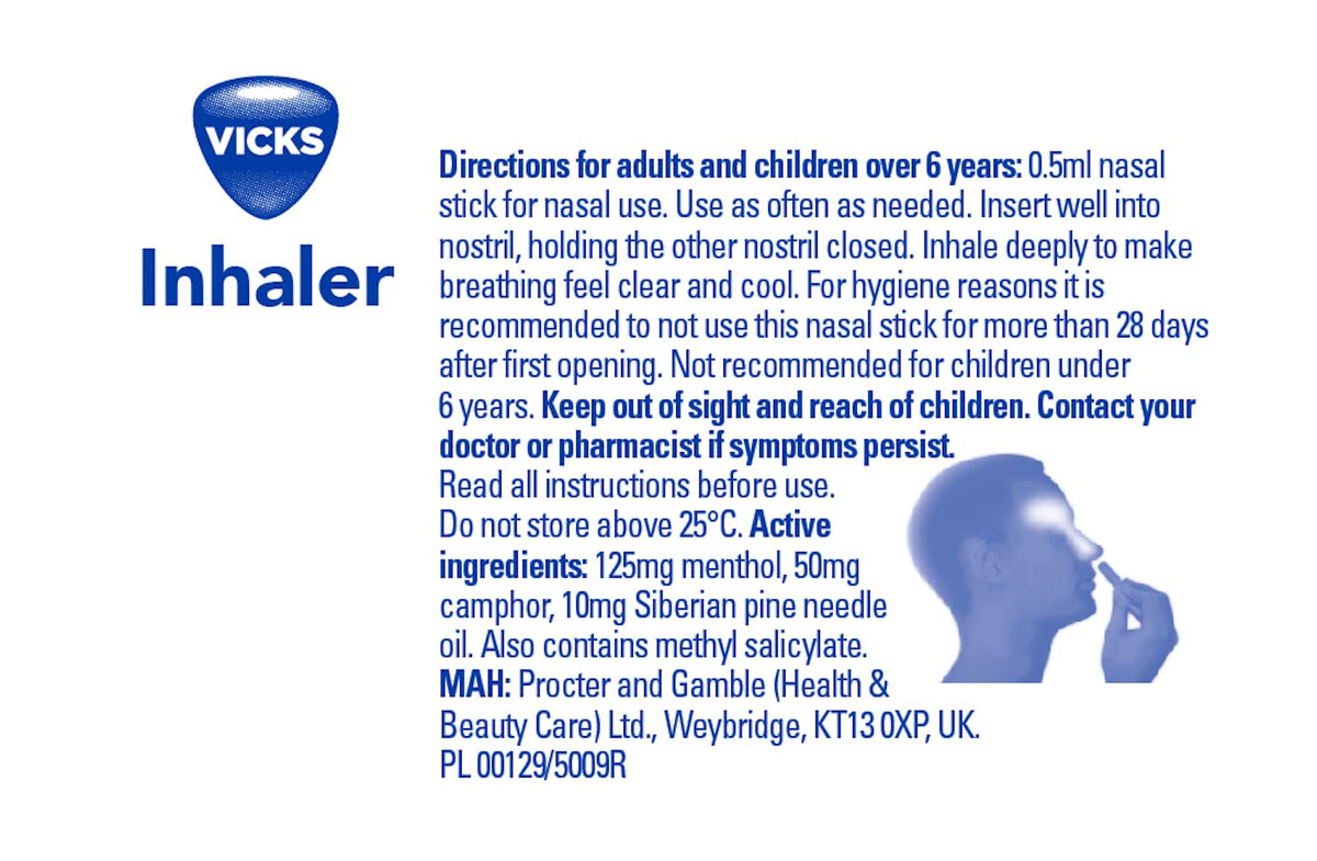 Vicks Inhaler Fast Acting decongestant for Blocked Nose Relief Stick