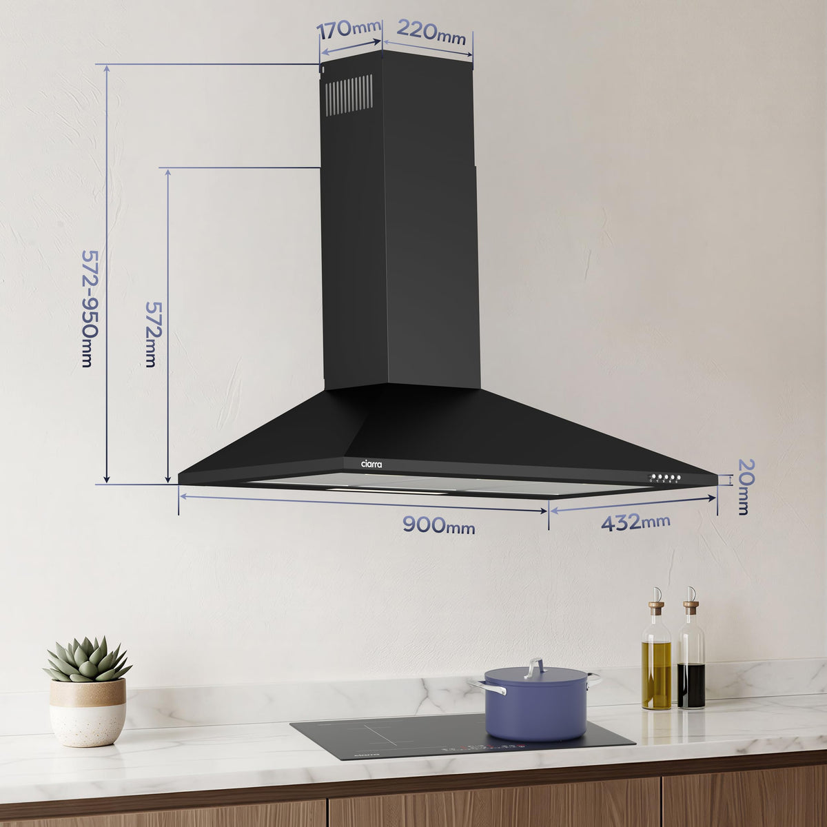 CIARRA 90cm Wall-Mount Cooker Hood 370m³/h Ducting & Recirculation CAS9201A