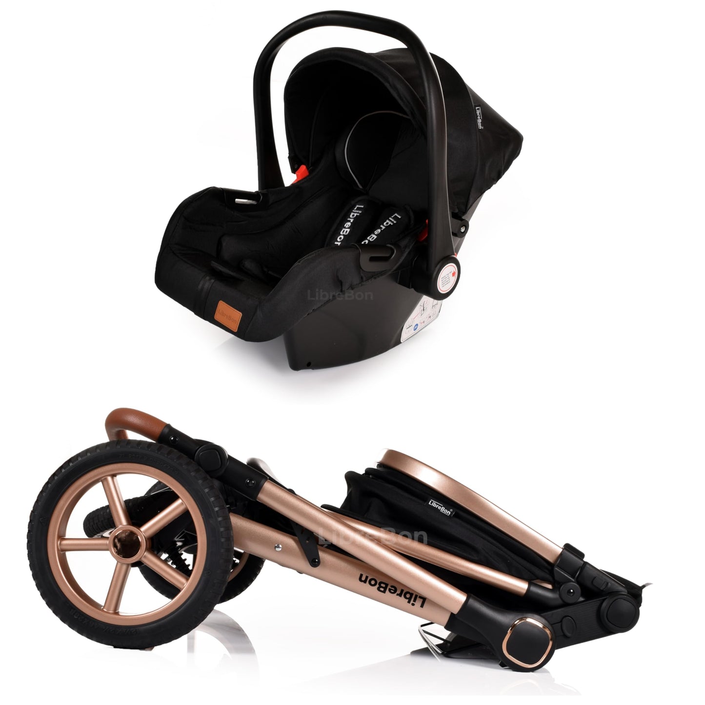 Baby Buggy Pram Pushchair Stroller 3 in 1 Child Lightweight Folding Stroller 3 in 1 Travel System Pram for Newborns & Toddlers from Birth Aluminum (Beige - Rose Gold Frame)
