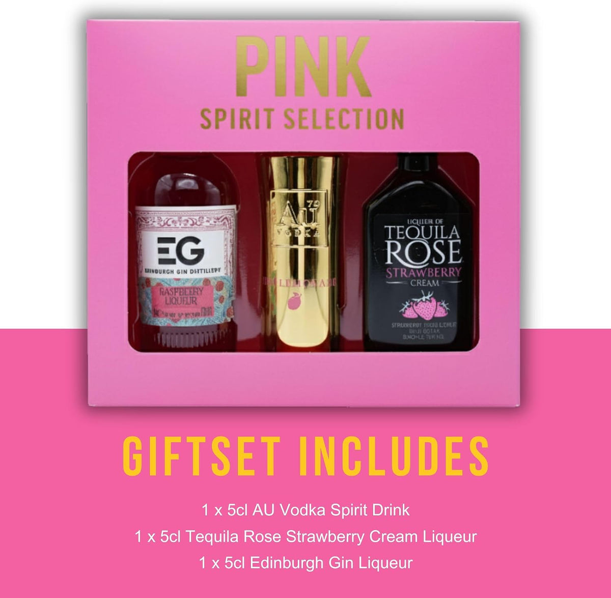 Pink Trio Gift Set, Au Vodka, Tequila Rose & Edinburgh Gin