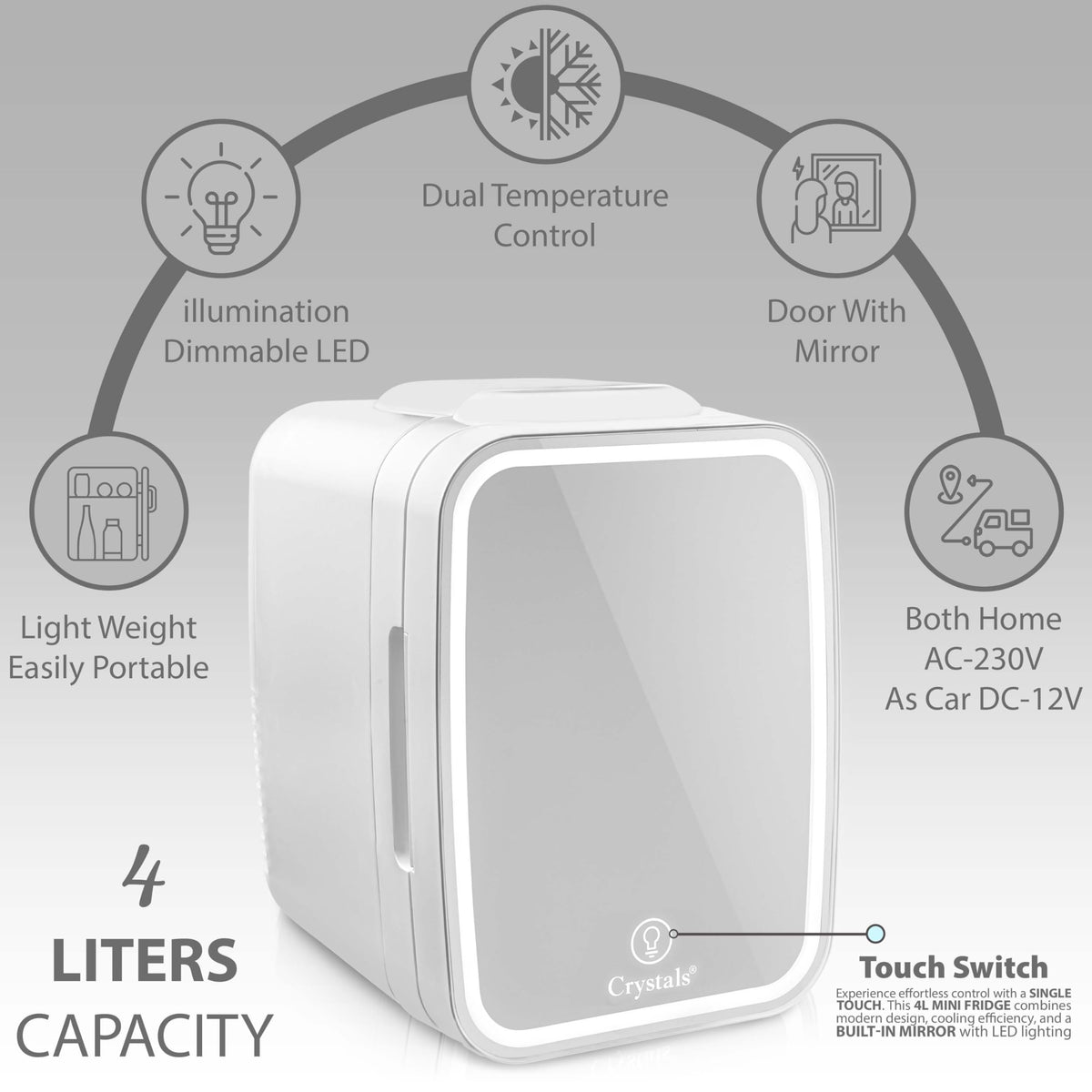 Crystals 4/10/15L Litre Mini Fridge, Table Top Small Fridge Cooler & Warmer for Car Bedrooms Desk Office, 12V DC - 220 AC, Mini Fridge for Bedrooms – Energy Efficient (Black, 4L Litre)