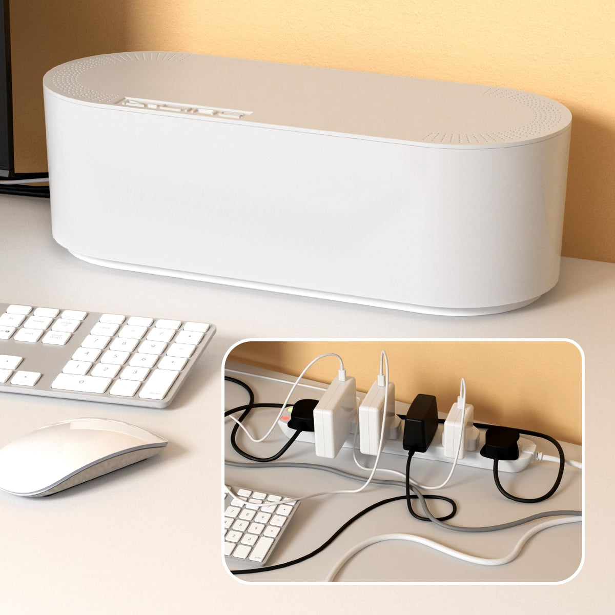 D-Line Cable Tidy Box, Hide & Conceal Extension Blocks, Desk Cable Management Solution, TV Wire Tidy, Made from Electrically Safe ABS Material - 325mm (L) x 125mm (W) 115mm (H) - Small, White