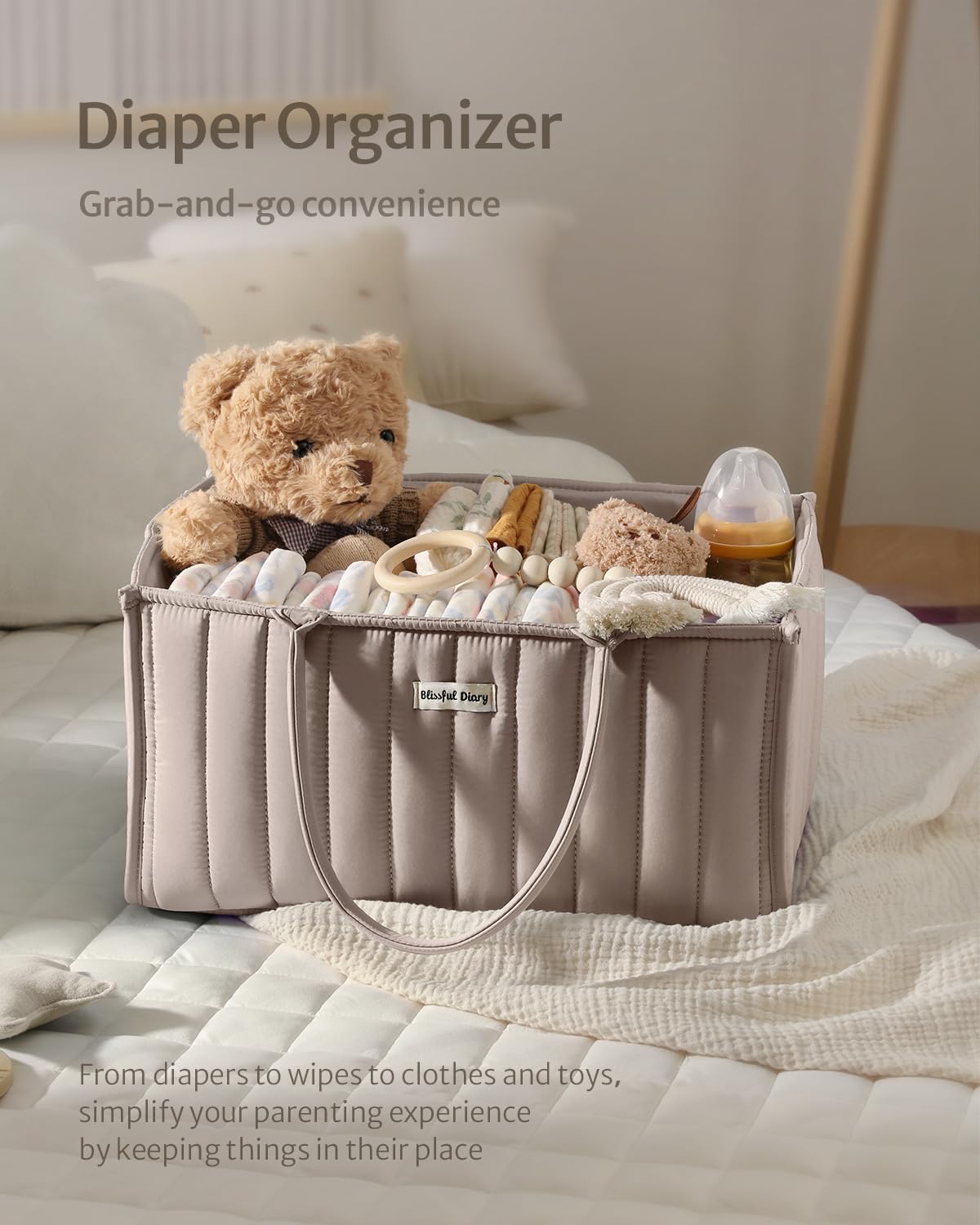 Blissful Diary Nappy Caddy Organiser, Baby Diaper Caddy for Nappy Station, Stylish Storage Basket for Newborn Essentials, Baby Shower Gifts for Girl or Boy, Woodland Cream