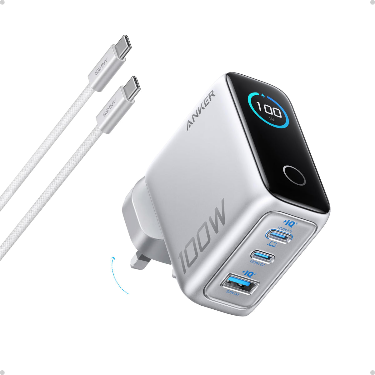 Anker 100W USB C Charger, 3-Port GaN, Smart Display, Touch Control