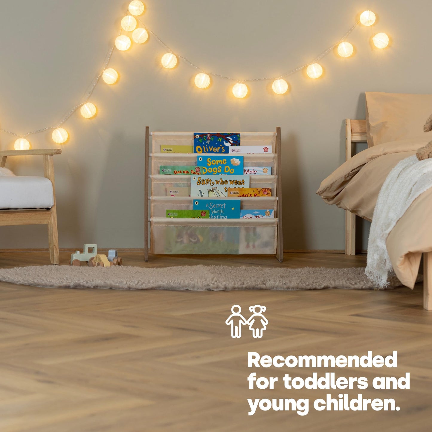 LIVIVO Colorful Kids Bookshelf - 4 Tier Children's Bookcase, Magazine and Book Storage Rack, Wooden Sling Book Organizer, Book Shelf for Kids Room, Bedroom, Nursery, Playroom (Natural)
