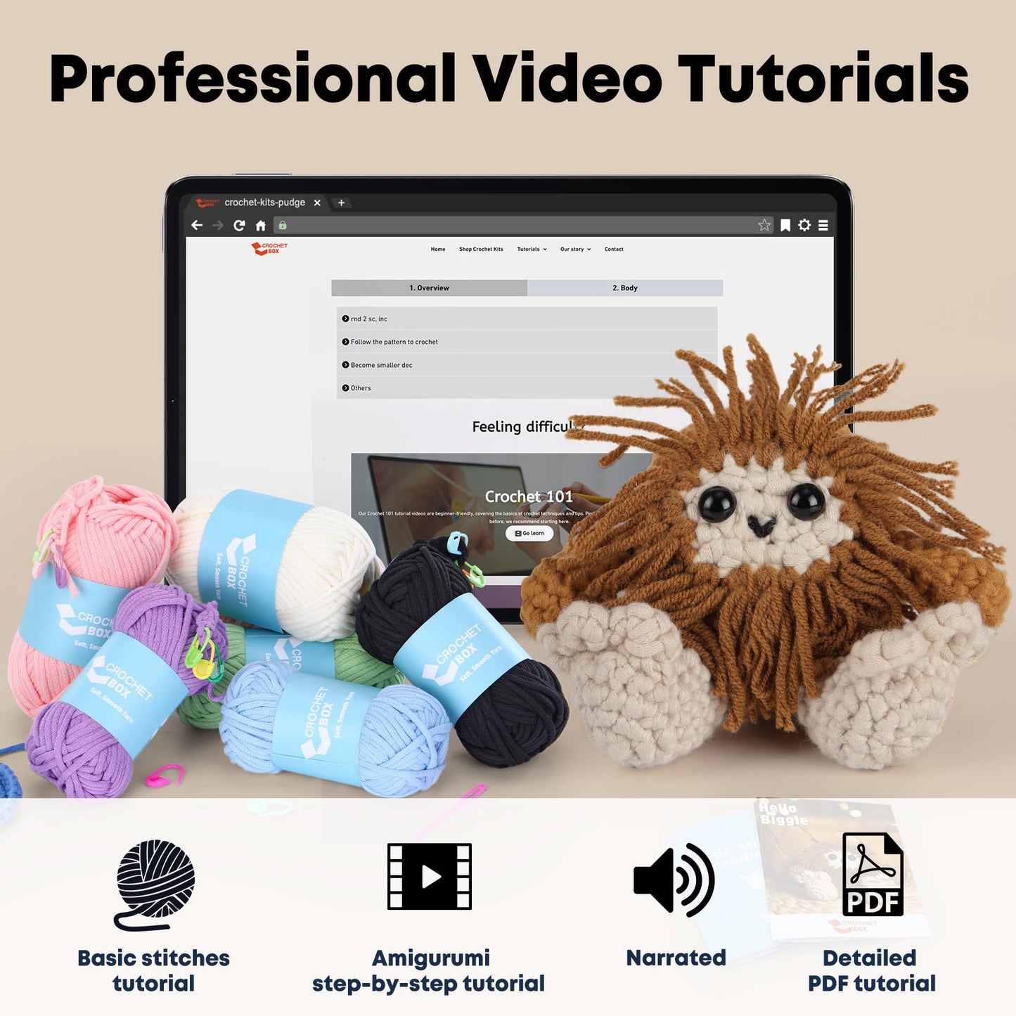 CROCHET BOX Complete Crochet Kit for Beginners - Highland Cow Crochet Kit, Include Video Tutorial, Instruction, Soft Yarn, Birthday Gift for Adults.